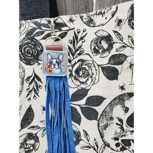 Handmade boho Boston terrier Gift Leather Fringe Western bag charm keychain